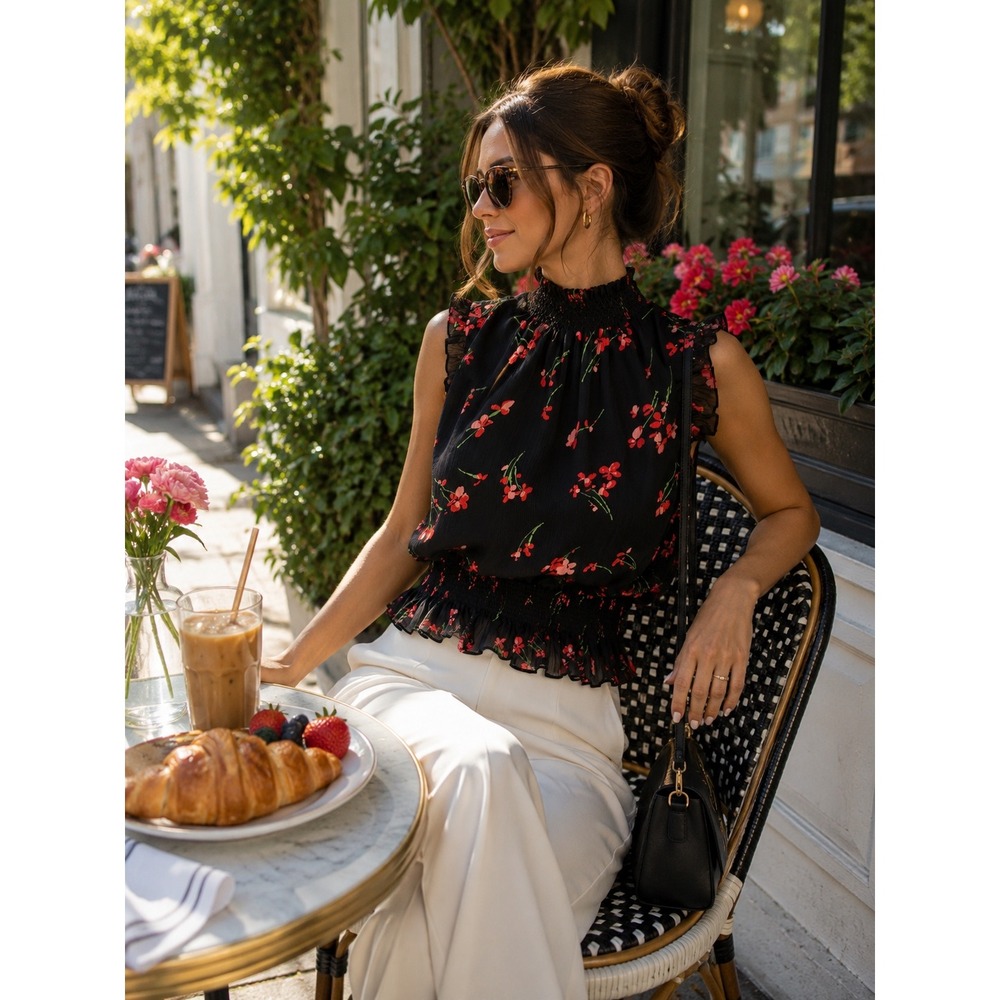 J.Crew Floral Smocked High Neck Ruffle Sleeveless Blouse Black Red Size 2